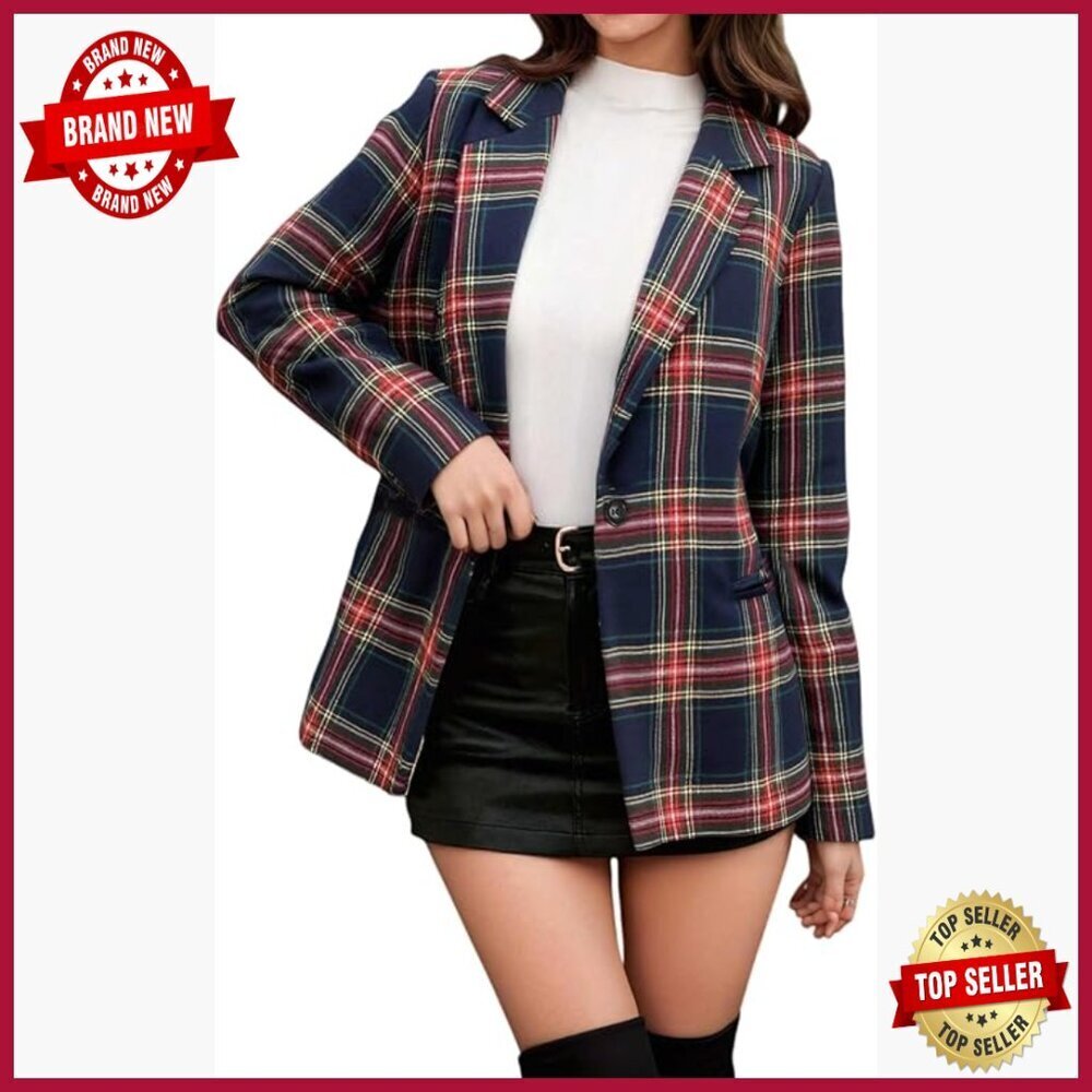 Long Sleeve Plaid Blazer Jacket for Women Work Office Formal Loose Fit